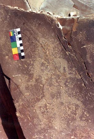  Petroglyph depicting squatting figure with object between its legs,