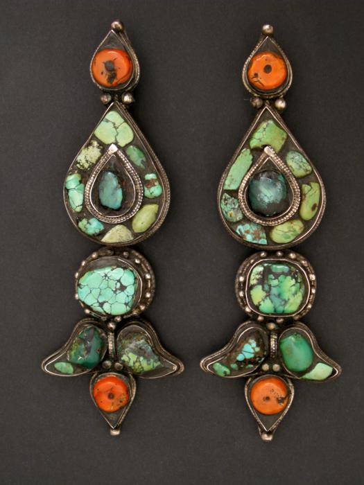 A Pair of Turquoise, Silver & Coral Ear Pendants, Tibet