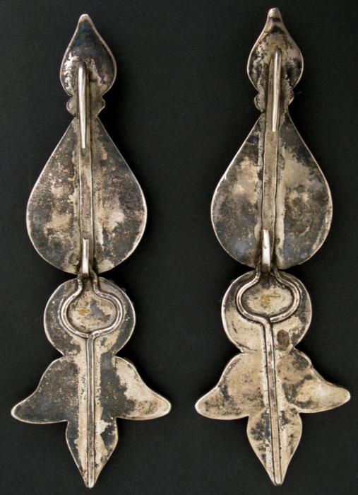 A Pair of Turquoise, Silver & Coral Ear Pendants, Tibet