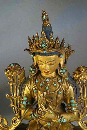 Maitreya, the Buddha of the Future, seated upon his throne in the heavens, awaiting his call to minister on earth.