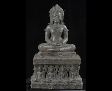 Crowned Buddha seated on a throne