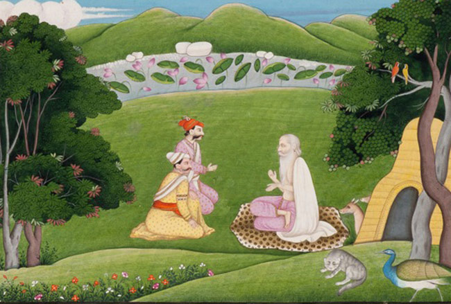 An illustration from a Devi Mahatmya Series: The Sage Medhas teaches Suratha and Samadhi