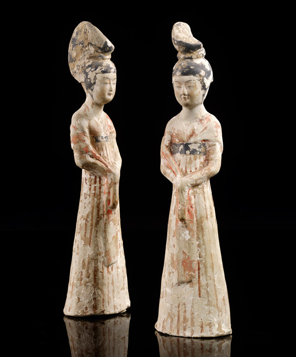 A pair of unglazed pottery Court Ladies