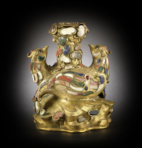 A rare imperial gilt-bronze and hardstone and glass embellished 'double phoenix' vessel and liner