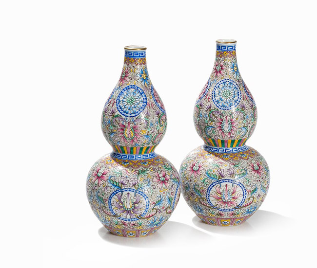 Pair of Floral Decorated Double Gourd Vases
