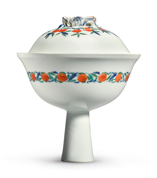 A Rare famille-verte 'Peach' Stembowl and Cover