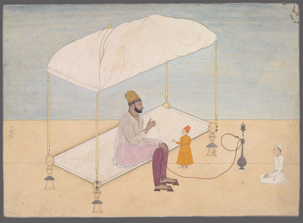 Balwant Singh Seated on his Canopy bed Smokes his Hookah in the Company of his two Children