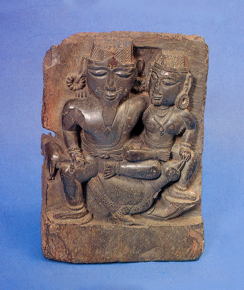 Lord Brahma with Saraswati seated in lalitasana on Brahma's vahana