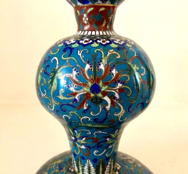 Pair of rare Chinese cloisonne holy water bottles