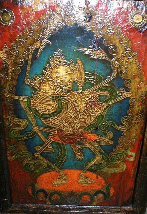 Detail of a Tibetan cabinet with fine skeleton paintings