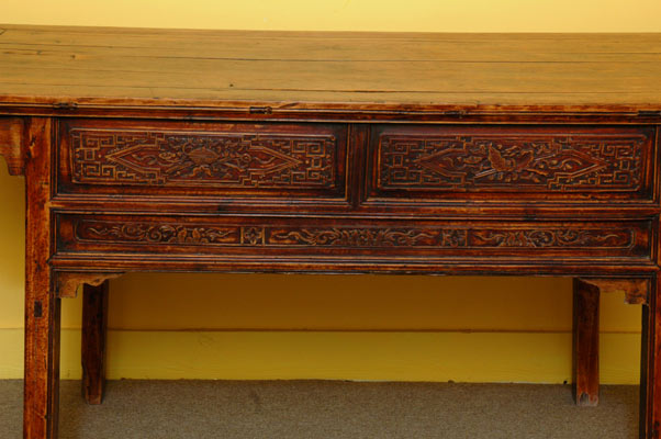 Antique Chinese Decoratively Carved Scholar's Table or Desk, 2-Drawers
