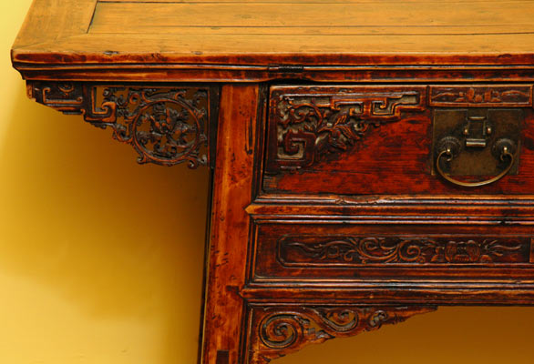 Antique Chinese Decoratively Carved Scholar's Table or Desk, 2-Drawers