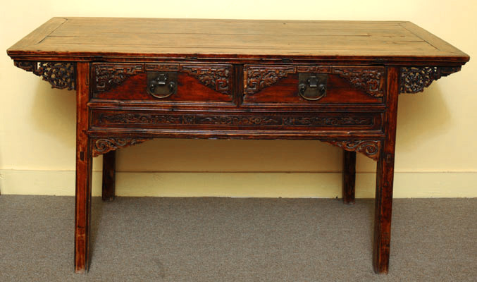 Antique Chinese Decoratively Carved Scholar's Table or Desk, 2-Drawers