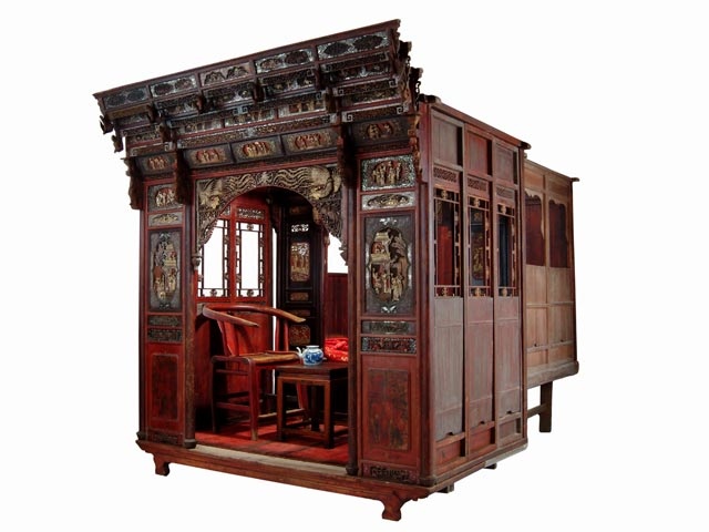 Antique Chinese Carved Canopy Wedding Bed with Alcove 