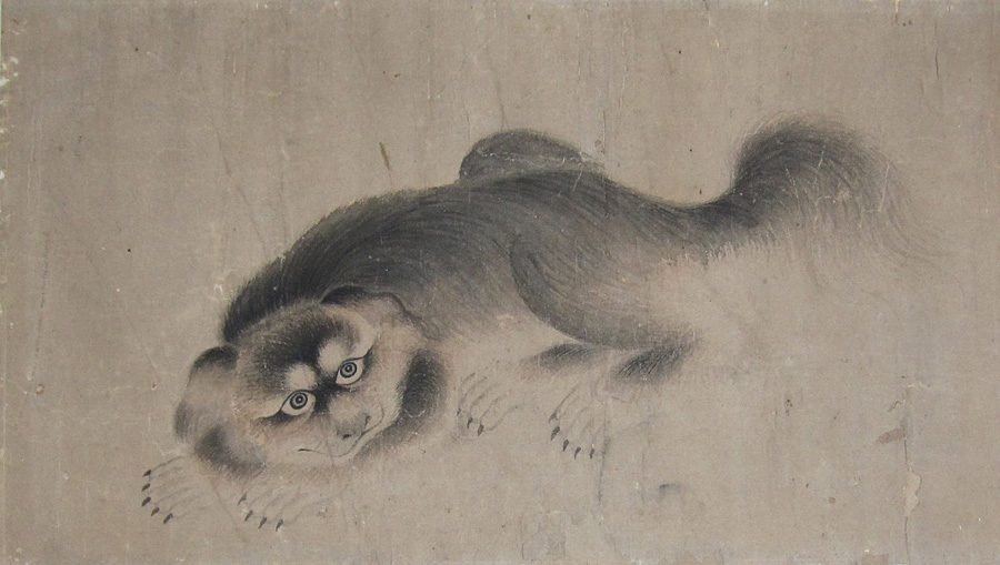 A fine painting of a crouching grey Pekingese dog