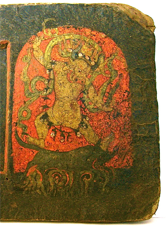 An image of Yama, Lord of Death riding on his mount, the blue-bodied buffalo
