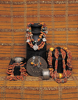 Old Berber amulet jewelry of silver, coral, and amber