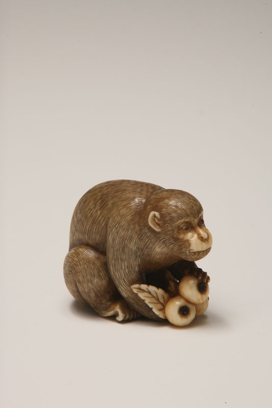 Netsuke of a monkey holding persimmons