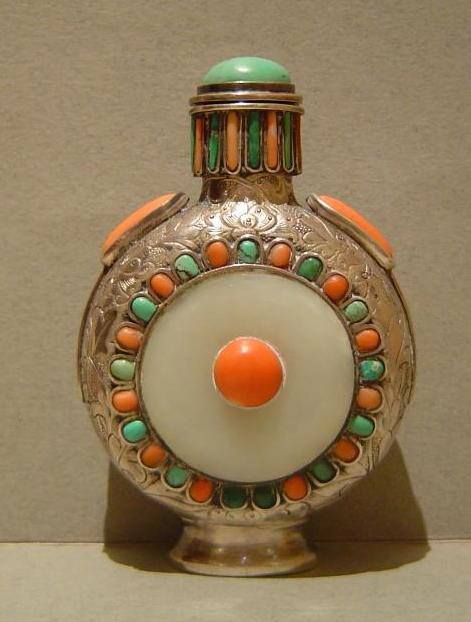 Mongolian silver and white jade snuff bottle with turquoise and coral