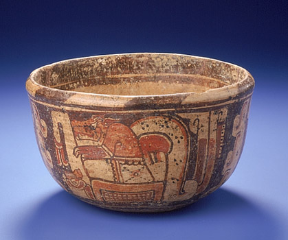 Bowl decorated with dieties separated by �blood and mat� design