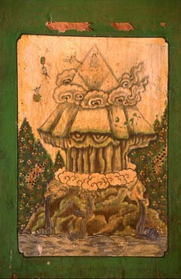 Mural painting in informal style, outside a rinpoche's quarters at Palpung. The subject is the sacred Mount Kailas, found in Tibet's far west.