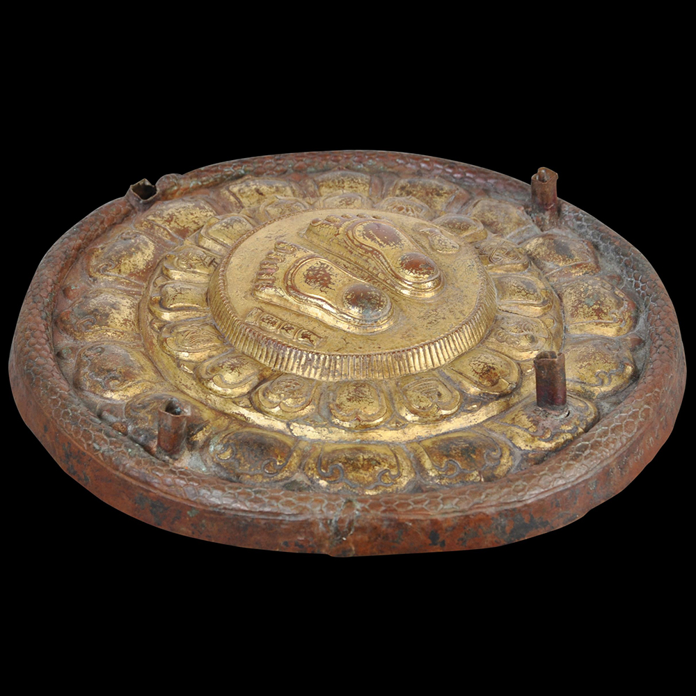 Rare, Nepalese Inscribed & Gilded Copper Buddha’s Footprints Buddhapada Portable Mandala Plaque