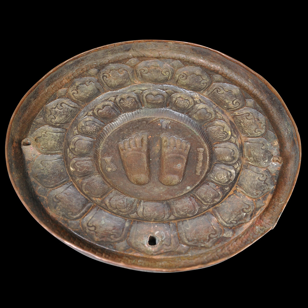 Rare, Nepalese Inscribed & Gilded Copper Buddha’s Footprints Buddhapada Portable Mandala Plaque