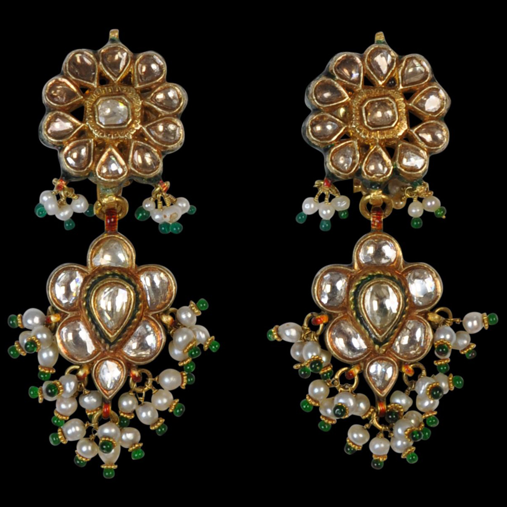 Pair of Indian, Enamelled Gold Earrings set with Large Golconda Diamonds, Pearls & Emeralds