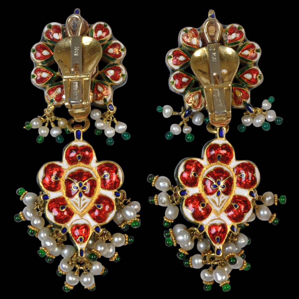 Pair of Indian, Enamelled Gold Earrings set with Large Golconda Diamonds, Pearls & Emeralds