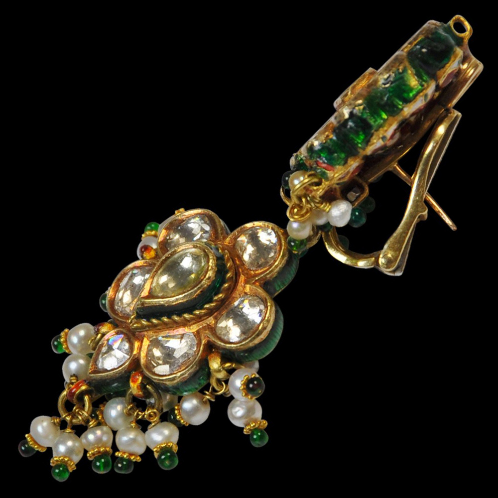 Pair of Indian, Enamelled Gold Earrings set with Large Golconda Diamonds, Pearls & Emeralds
