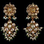 Pair of Indian, Enamelled Gold Earrings set with Large Golconda Diamonds, Pearls & Emeralds