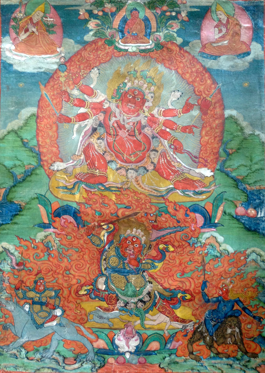 A small thangka painting depicting Heyagriva