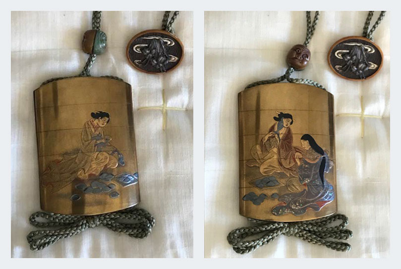 Four case gold lacquer inro with three women playing the shell game signed Koma Kyuhaku saku