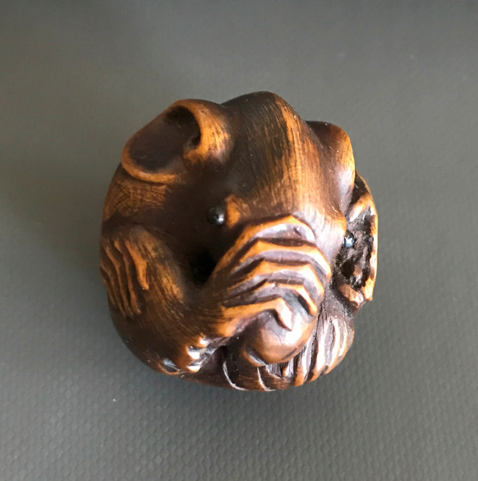 Wood netsuke of a coiled rat